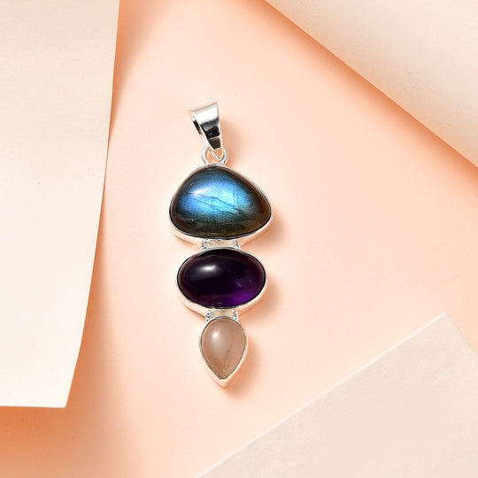 Handwerker Stil Labradorit, Afrikanischer Amethyst Anhänger 925 Silber ca. 17.72 ct