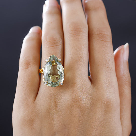 Prasiolite, Weißer Zirkon Ringe 925 Silber Gelbgold Vermeil ca. 20.43 ct