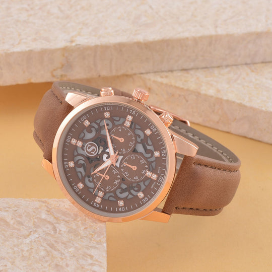 Strada Japanisches Uhrwerk - Exklusive Uhr mit braunem Hohlzifferblatt, braunem PU-Band und Edelstahl-Schnalle, Weißer Kristall Uhr, 23cm, rose
