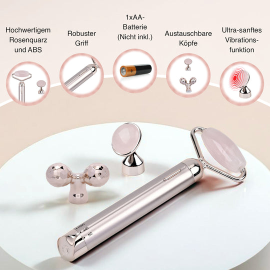 Rosenquarz Gesichtsroller Massagegerät mit Doppelkopf 2 Kugeln zur hautstraffung und festigung, Rosenquarz