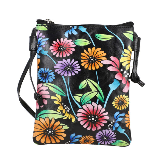 VIVID by SUKRITI Handbemalte Echtleder Umhängetasche, schwarz,15.75x19.80cm, Blumenmuster