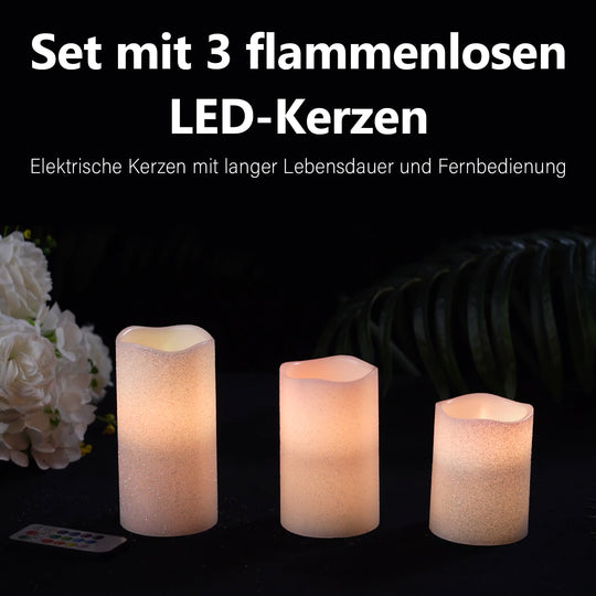 Echtwachs Kerzen mit Glitter und LED in 3er Set, Fernbedienung, Timer, Multi-Modis, 7,5 - 10 - 12,5 cm hoch, 550g