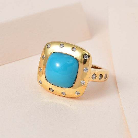 Amerikanischer natürlicher Sleeping Beauty Türkis, weißer Zirkon Ring, 925 Silber Gelbgold Vermeil (Größe 20.00) ca. 5.18 ct