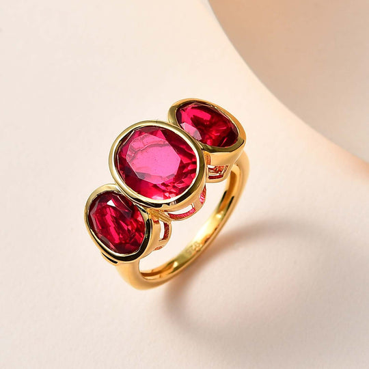 Magenta Rosa Quarz Triplette Ring, 925 Silber vergoldet ca. 5.66 ct