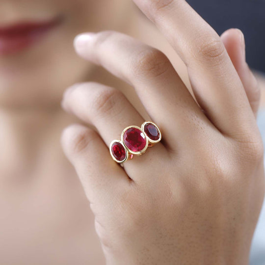 Magenta Rosa Quarz Triplette Ring, 925 Silber vergoldet ca. 5.66 ct