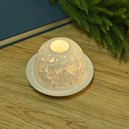 Weihnachts-Windlicht aus unglasiertes weißes Porzellan mit LED, 10 cm Diameter, weißer Engel
