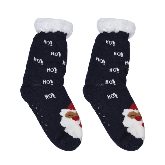 2er-Set - 2 Paar rutschfeste Haus Socken mit warmem Sherpa Futter, Einheitsgröße Weihnachtsmotiv, Schwarz und Blau