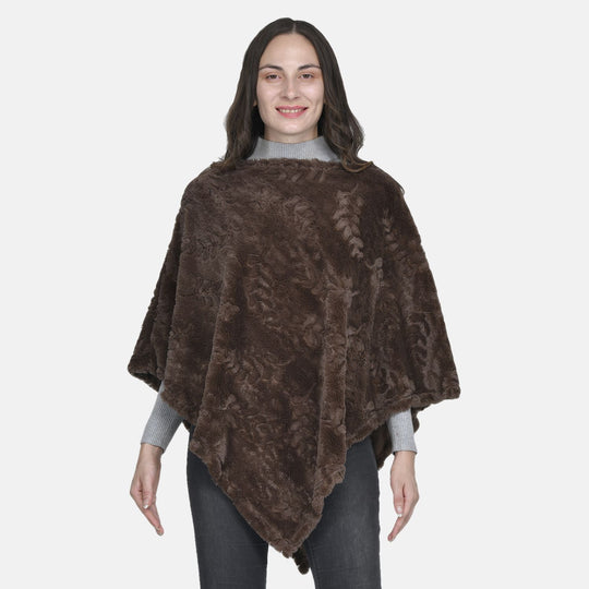 Weicher Kunstfell Poncho mit 3D Blätter Motiv, 85x100 cm, Braun