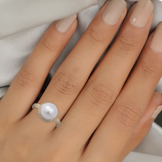Süßwasser Perle und Simulierter Weißer Diamant Ring 925 Silber Vergoldet ca. 0,65 ct