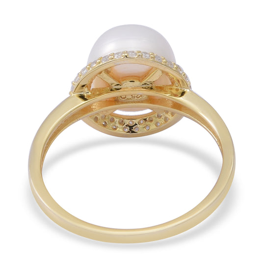 Süßwasser Perle und Simulierter Weißer Diamant Ring 925 Silber Vergoldet ca. 0,65 ct