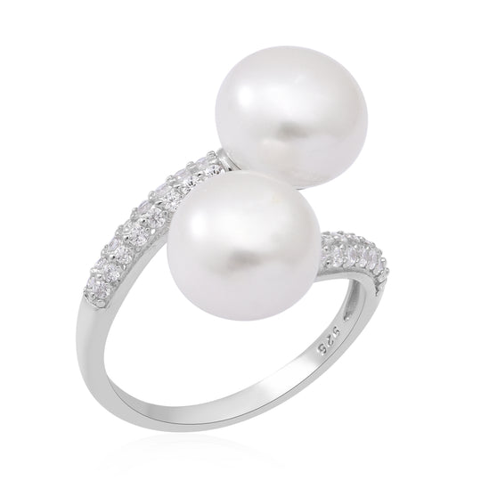 Weiße Süßwasser Perle und Simulierter Weißer Diamant Bypass Ring 925 Silber rhodiniert ca. 0,57 ct