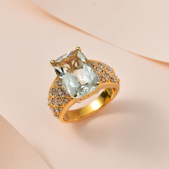 Prasiolith, weißer Zirkon Ring, 925 Silber vergoldet, ca. 6.67 ct
