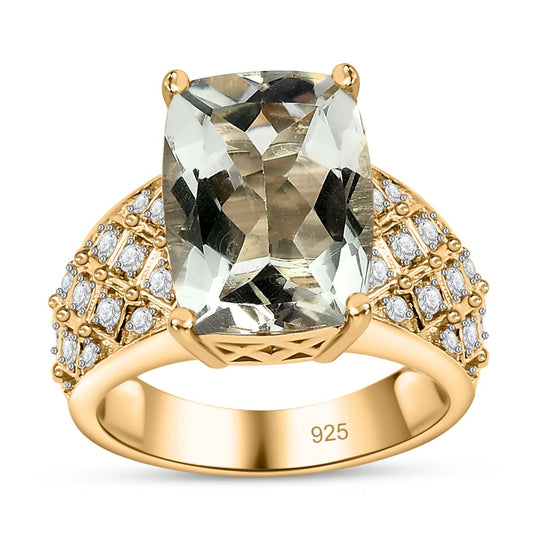Prasiolith, weißer Zirkon Ring, 925 Silber vergoldet, ca. 6.67 ct