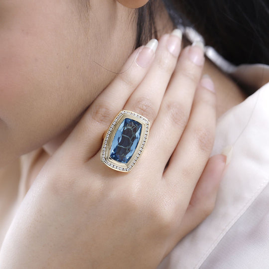 Paraiba Blau Quarz Triplette, weißer Zirkon Ring, 925 Silber Gelbgold Vermeil ca. 15.80 ct