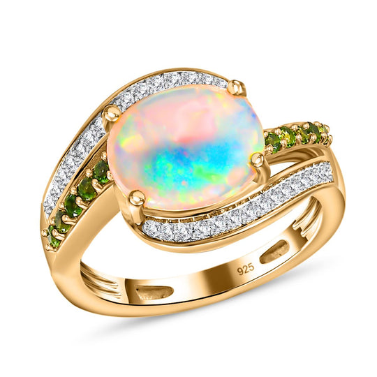 Natürlicher, äthiopischer Welo Opal, Natürlicher Chromdiopsid Ring, 925 Silber Gelbgold Vermeil, ca. 2.11 ct