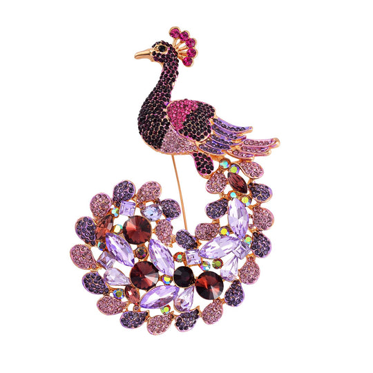 Mehrfarbiger Pfau Kristall Brosche, emailliert, Rosa