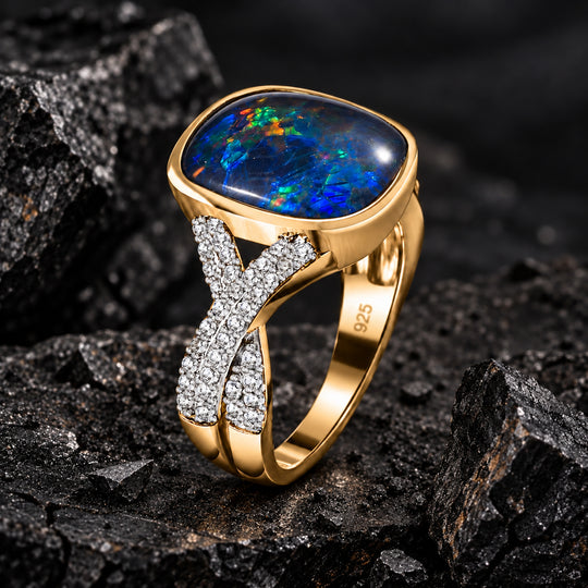 Boulder Opal Triplett und Zirkon Ring, 925 Silber Gelbgold Vermeil - 4 ct.