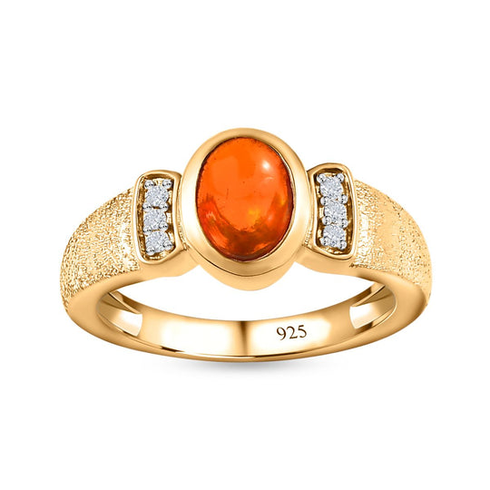 Orange äthiopischer Welo Opal, Weißer Zirkon Ring, 925 Silber Gelbgold Vermeil, ca. 0.85 ct