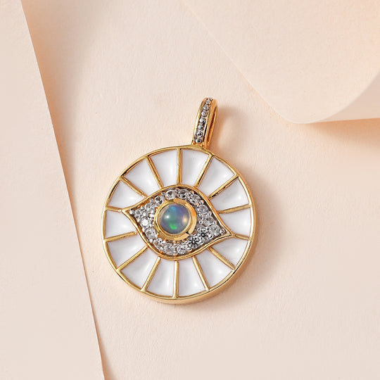Natürlicher, äthiopischer Welo Opal, Weißer Zirkon Anhänger, 925 Silber Gelbgold Vermeil ca. 0.51 ct