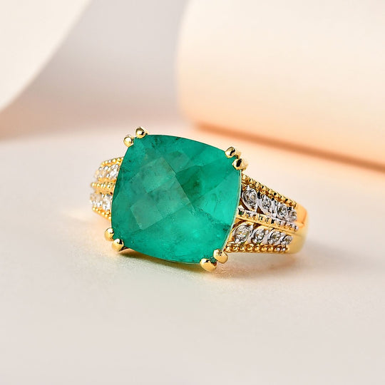 Smaragd-Quarz-Triplette, Weißer Zirkon Ring, 925 Silber Gelbgold Vermeil ca. 7.83 ct