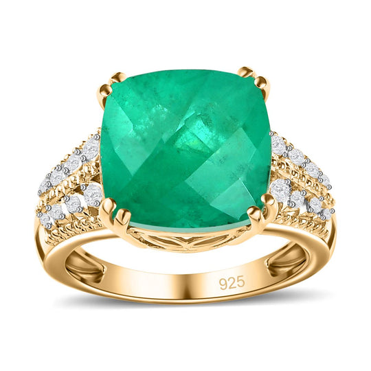 Smaragd-Quarz-Triplette, Weißer Zirkon Ring, 925 Silber Gelbgold Vermeil ca. 7.83 ct