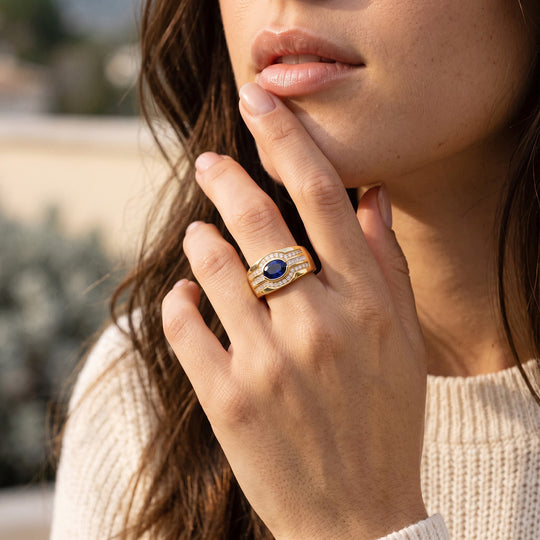 Labor Ceylon blauer Saphir und Moissanit Ring, 1,42 ct., 925 Silber Gelbgold Vermeil