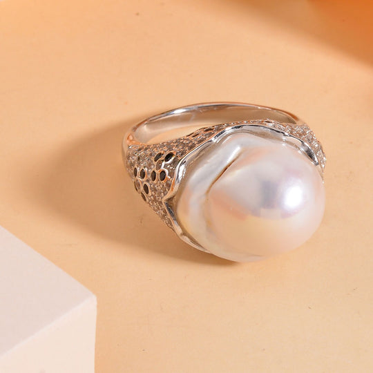 Weiße Barockperle, Schwarzer Spinell Ring, 925 Silber rhodiniert