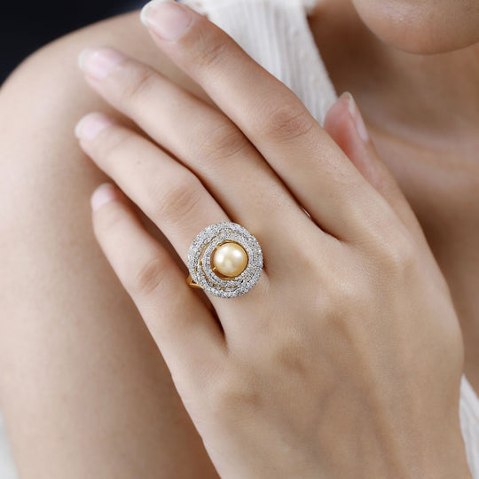 Goldene Südsee Perle, Weißer Zirkon Ring, (9-11mm), 925 Silber Gelbgold Vermeil