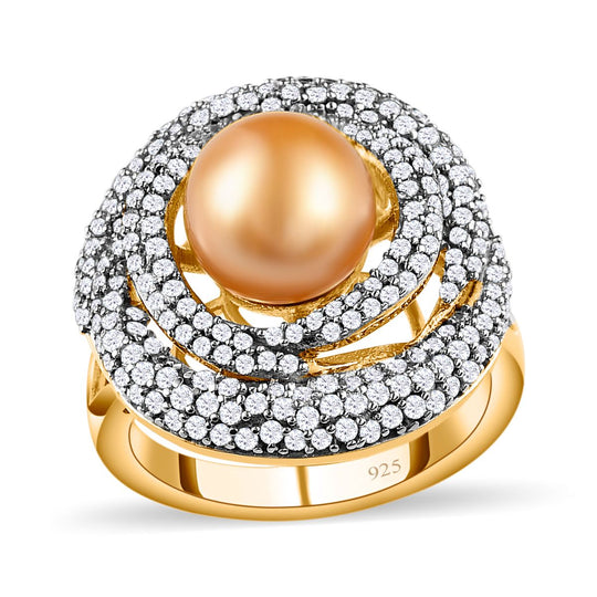 Goldene Südsee Perle, Weißer Zirkon Ring, (9-11mm), 925 Silber Gelbgold Vermeil