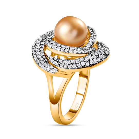 Goldene Südsee Perle, Weißer Zirkon Ring, (9-11mm), 925 Silber Gelbgold Vermeil