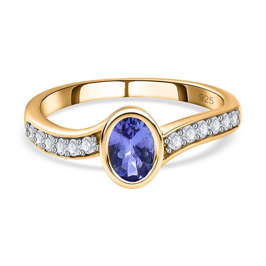 Tansanit, Weißer Zirkon Ring, 925 Silber Gelbgold Vermeil (Größe 20.00) ca. 1.22 ct