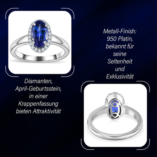 AAAA Tansanit, Weißer Diamant Ringe 950 Platin (Größe 17.00) ca. 1,84 ct