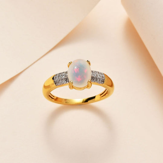 AA Natürlicher, äthiopischer Welo Opal, Weißer Diamant Ring, 925 Silber Gelbgold Vermeil, ca. 1.30 ct