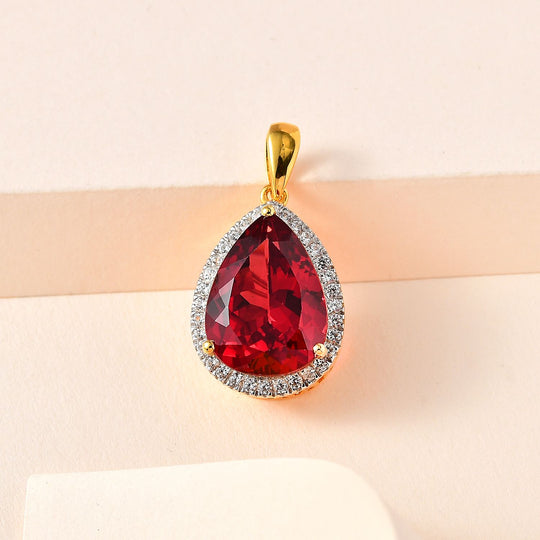 Lab Created Padparadscha-Saphir, Weißer Zirkon Anhänger 925 Silber Gelbgold Vermeil ca. 17,07 ct.