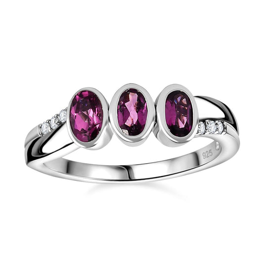 Rhodolith Granat, Weißer Zirkon Ringe 925 Silber platiniert ca. 0,91 ct