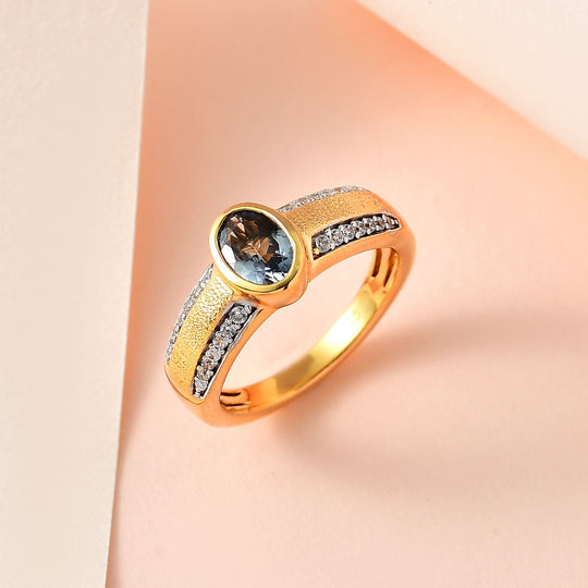 Grüner Tansanit, Weißer Zirkon Ring, 925 Silber Gelbgold Vermeil, (Größe 17.00) ca. 1.08 ct