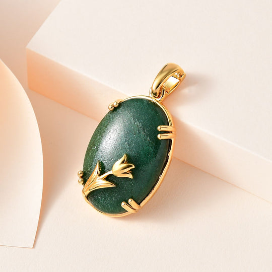Grüner Aventurin Anhänger 925 Silber Gelbgold Vermeil ca. 35,78 ct.
