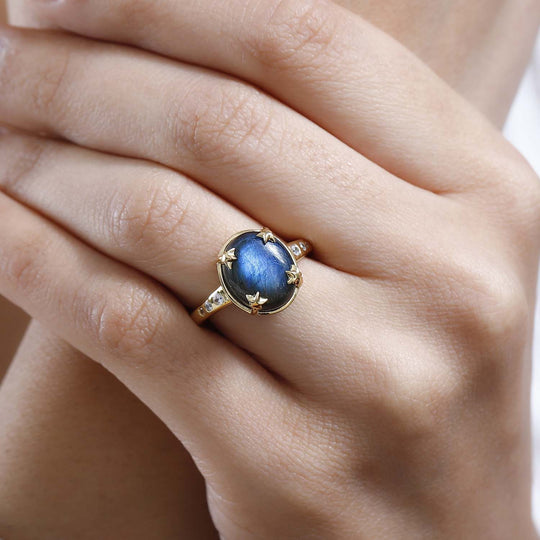 AAA Labradorit, Weißer Zirkon Ring 925 Silber Gelbgold Vermeil ca. 5,95 ct