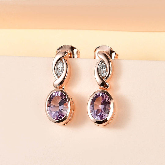 Rose De France Amethyst, Weißer Zirkon Ohrringe 925 Silber Roségold Vermeil ca. 1,54 ct.