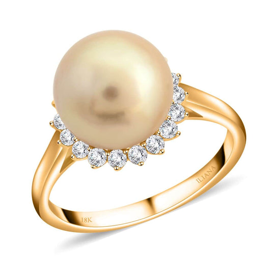 AAA Goldene Südsee Perle (8.5-8.9 mm), Weißer Diamant Ring, AGI zertifiziert und geprüft, 750 Gelb Gold (Größe 17.00)