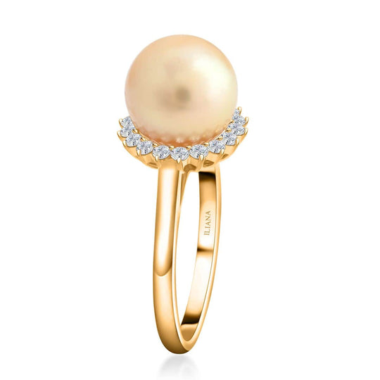 ILIANA AGI zertifizierter und geprüfter AAA goldene Südsee Perle (8,5-8,9mm) und weißer Diamant Ring in 750 Gelbgold