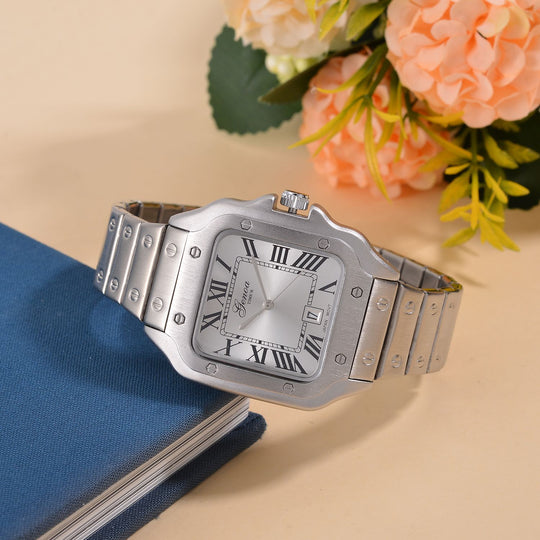 GENOA - Elegante Japan-Uhr mit Datumsfunktion, IPS-versilbertem Gehäuse, römischen Ziffern, Edelstahlarmband, 3 ATM Wasserdichtigkeit, 20 cm