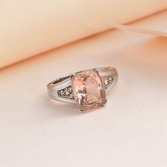 Morganit Quarz Triplette, Champagner Zirkonia Ring Edelstahl ca. 3,32 ct