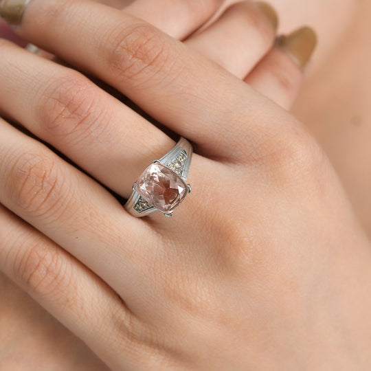 Morganit Quarz Triplette, Champagner Zirkonia Ring Edelstahl ca. 3,32 ct