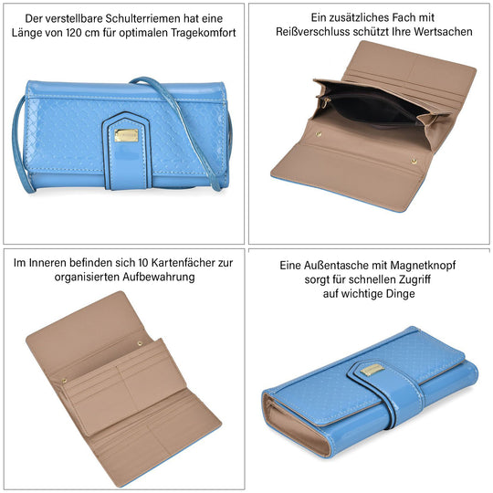 PASSAGE - Geprägte PU-Leder Crossbody Geldbörse, Größe: 18,5 x 3,5 x 9,5 cm, hellblau