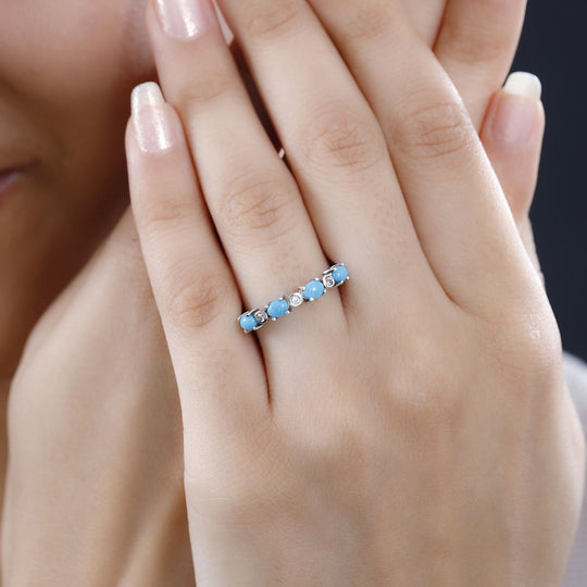 AA Amerikanischer, natürlicher Sleeping Beauty Türkis, Weißer Zirkon Ring 925 Silber platiniert ca. 0.70 ct
