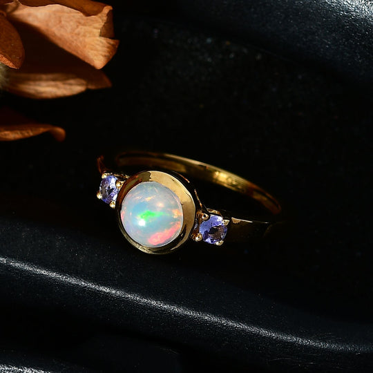 AA Natürlicher, äthiopischer Welo Opal, Tansanit Ring 925 Silber vergoldet ca. 0,74 ct