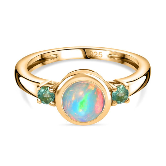 AA Natürlicher, äthiopischer Welo Opal, Smaragd Ring 925 Silber vergoldet (Größe 18.00) ca. 0,69 ct