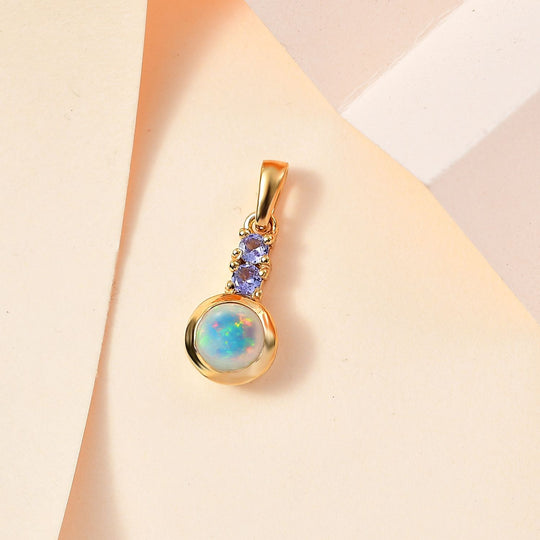 AA Natürlicher, äthiopischer Welo Opal, Tansanit Anhänger 925 Silber vergoldet ca. 0.68 ct