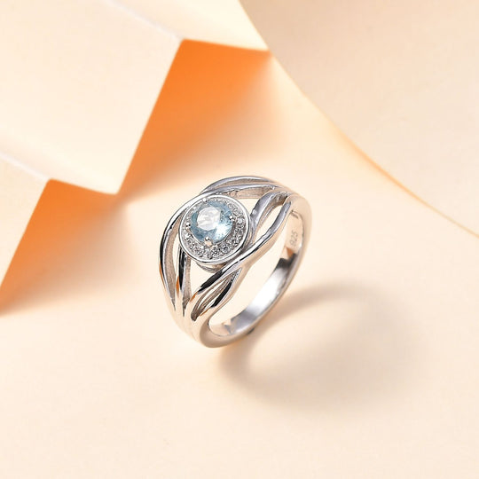 TUCSON FIND - Natürlicher AA Aqua Kyanit, Weißer Zirkon Ring 925 Silber rhodiniert (Größe 20.00) ca. 0.81 ct